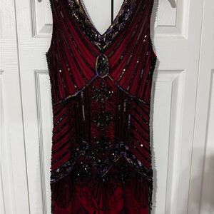 Burgundy and Black Beaded Flapper Dress Large